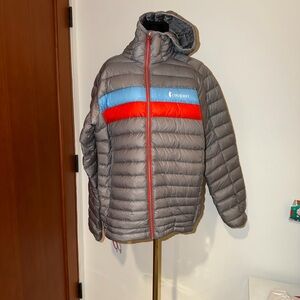 Cotopaxi Gray Puffer Jacket with Vibrant Stripes M